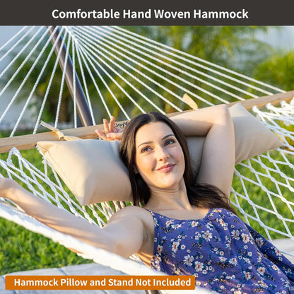 Traditional Rope Double Hammock - Hand Woven Polyester Hammock with Hardwood Spreader Bar 450Lb Capacity for Outdoor Indoor Patio Yard - White