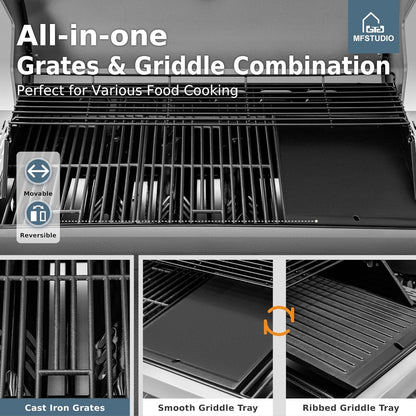 6 Burner BBQ Propane Gas Grill with Side Burner & Porcelain-Enameled Cast Iron Grates, Grill Griddle Combo for Outdoor Barbecue, 740 SQ.IN. Large Cooking Area