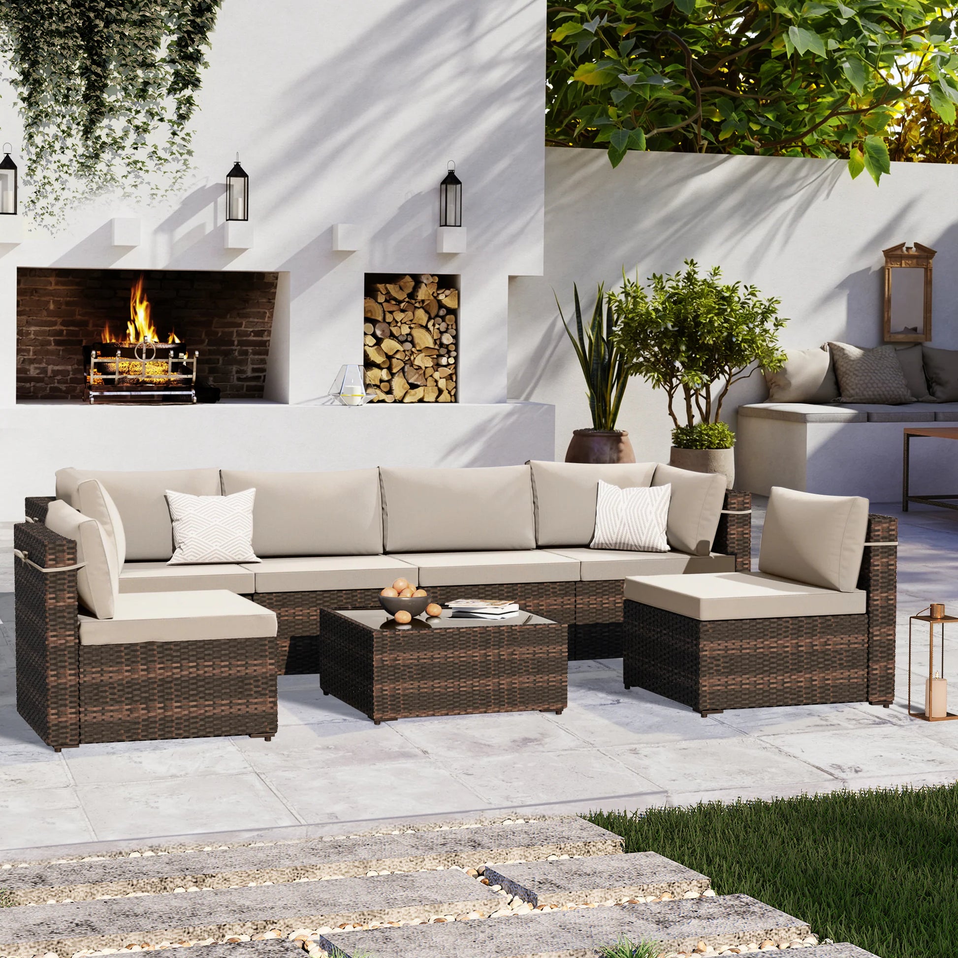 7 -Piece Wicker Patio Conversation Set with Beige Cushions