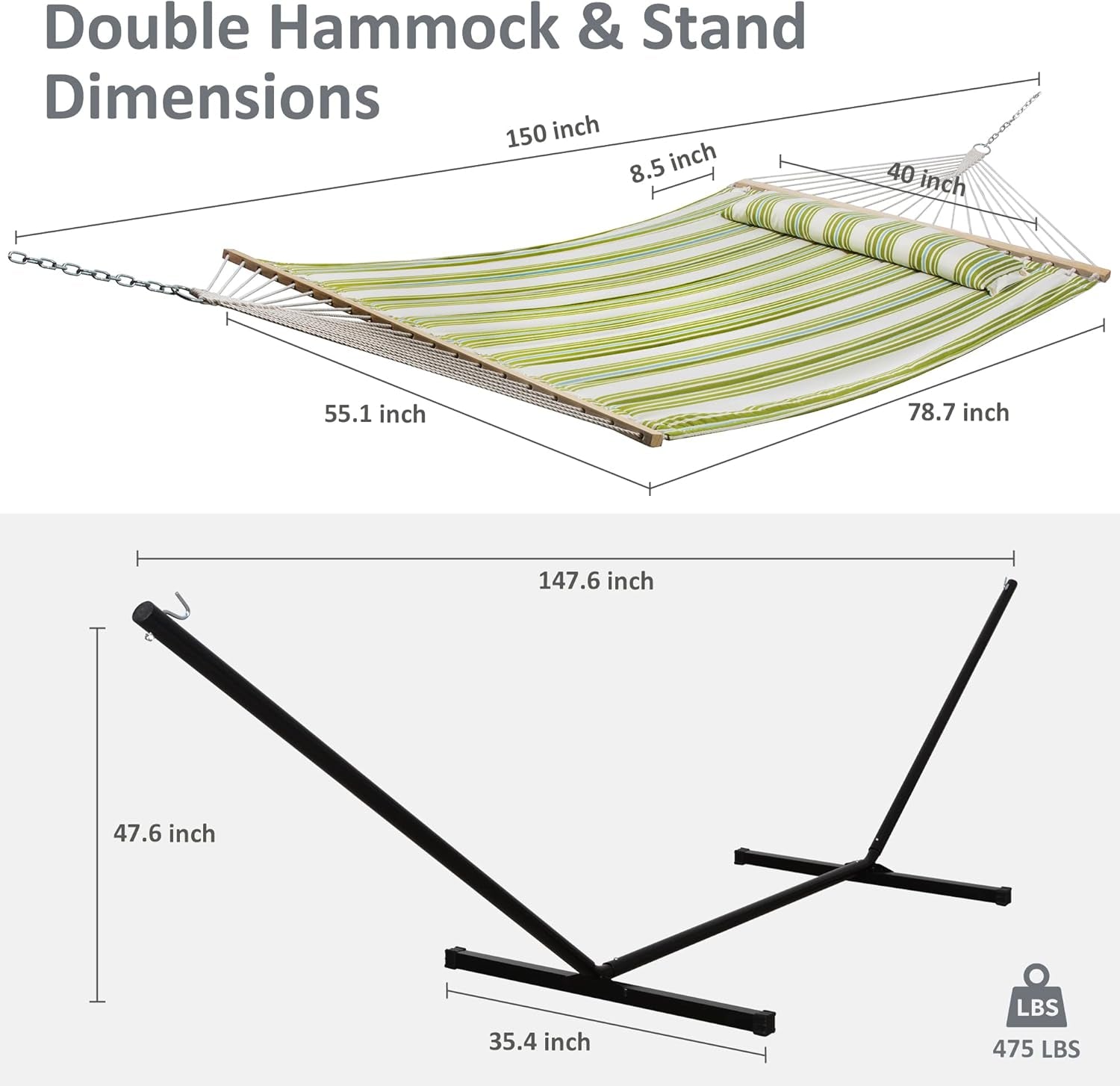 Double Outdoor Hammock with Stand and Heavy Duty Hammock Storage Bag, Extra Large Quilted Fabric Hammock Set