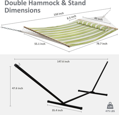 Double Outdoor Hammock with Stand and Heavy Duty Hammock Storage Bag, Extra Large Quilted Fabric Hammock Set