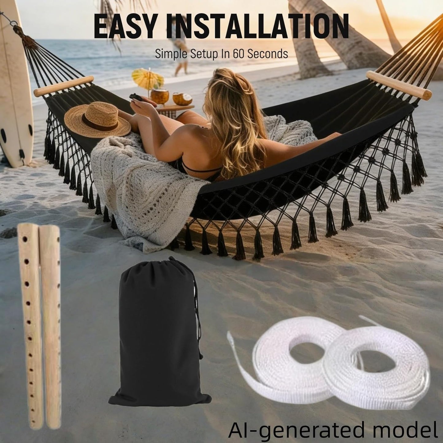 Portable Hammock,Bohemian Hammock,Rope Hammock,Suitable,Yard, Beach, Backyard,Garden (Gray, 79 * 39)