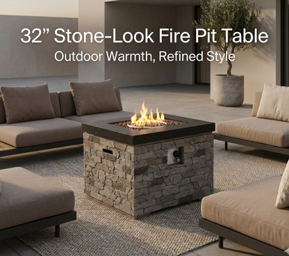 32-Inch Outdoor Fire Pit Table with Lava Rocks - Black Stone Look