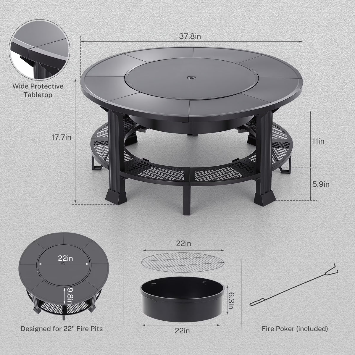 38" Outdoor Fire Pit Table with Grill & Firewood Rack, Wood Burning Fire Pit for Backyard Gatherings, Patio Heating & Outdoor Entertaining, BBQ with Pit Cover, Poker, BBQ Grate, round Fire Pit, Black