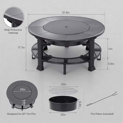 38" Outdoor Fire Pit Table with Grill & Firewood Rack, Wood Burning Fire Pit for Backyard Gatherings, Patio Heating & Outdoor Entertaining, BBQ with Pit Cover, Poker, BBQ Grate, round Fire Pit, Black