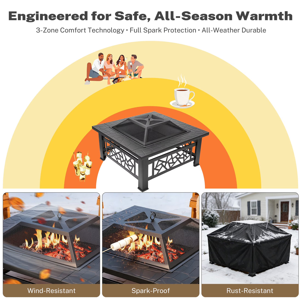 32" Fire Pit Table,  3-In-1 Outdoor Fire Pit with BBQ Grill, Mesh Lid & Cover, Modern Metal Square Wood Burning Fire Pit for Outside, Backyard, Patio & Camping