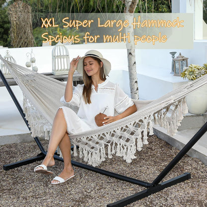 ZEAN Handwoven Hammock with Tassels by Thick Cotton Rope XL Two Person Hammock for outside Patio Backyard Garden Beach 550LB Capacity