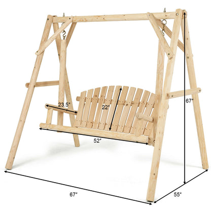 Outdoor Wooden Porch Bench Swing Chair with Rustic Curved Back
